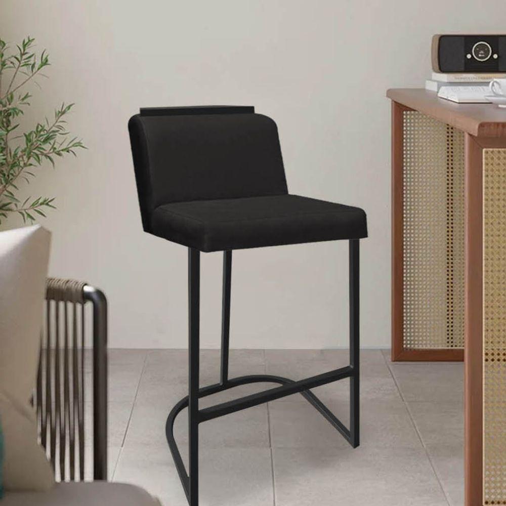 Miniatura Banqueta Com Encosto Nynna Luxo Confort Bistrô Cozinha Ferro Preto Suede Preto - Amey Decor
