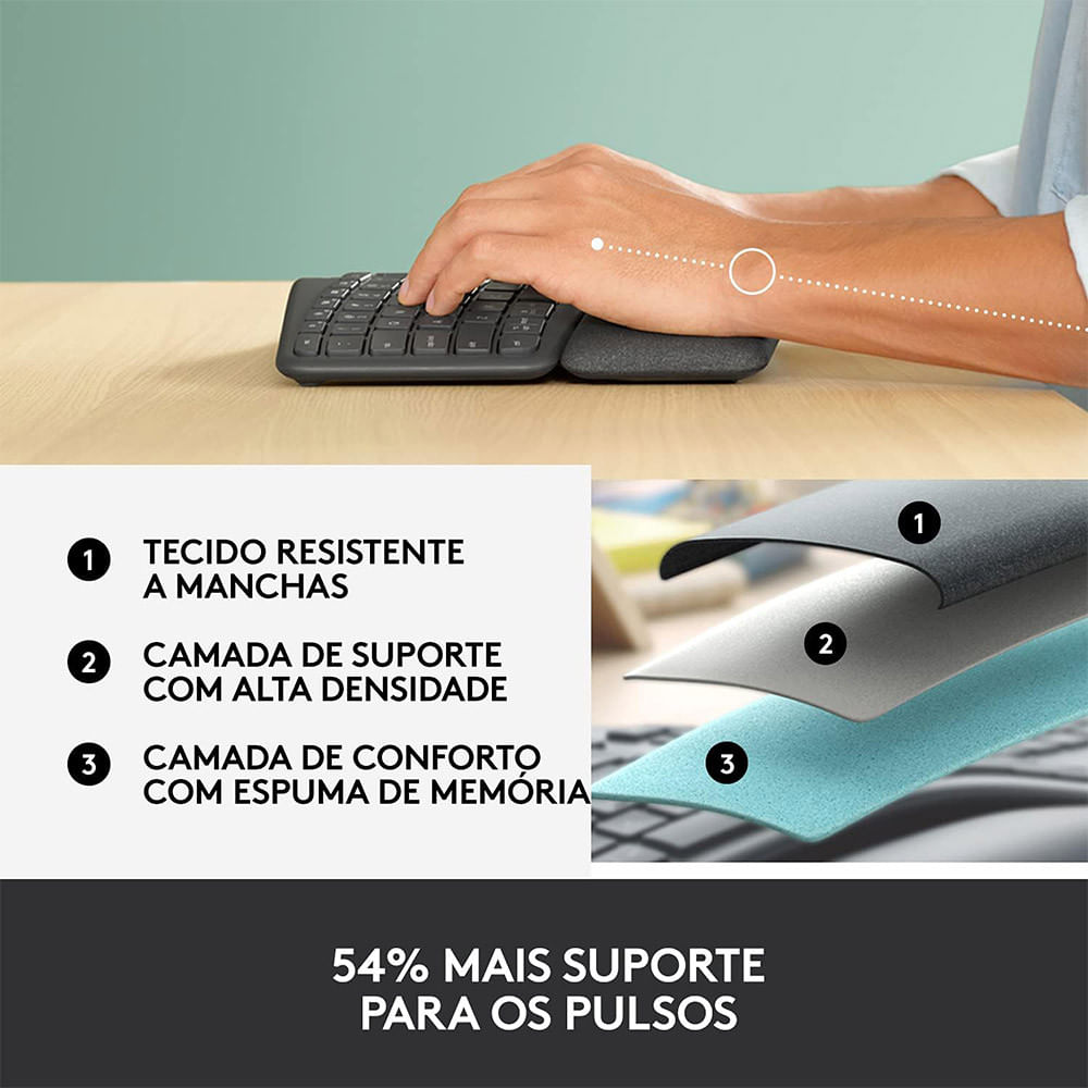 Teclado Sem Fio Logitech ERGO K860 Com Apoio de Pulso USB Bluetooth Grafite Preto
