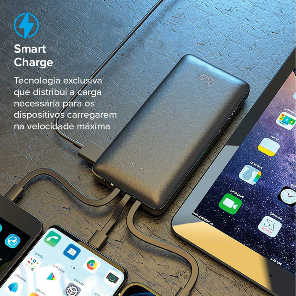Carregador Portátil (Power Bank) 10000mAh 4 em 1 com Cabos Acoplados (Micro USB, USB-C, Lightning E USB-A) I2GO Plus Preto - Bivolt