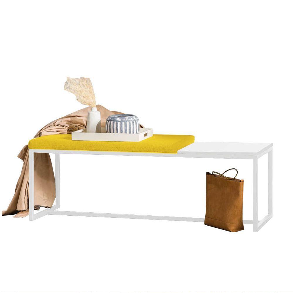 Miniatura Banco Recamier Puff 140cm Industrial Branco Corino Amarelo Tampo Quadrado Mdf Branco