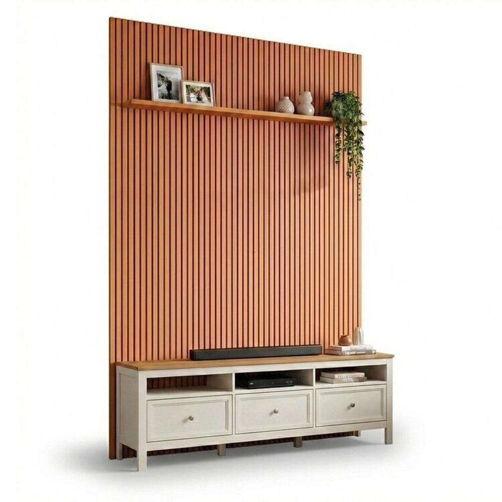 Miniatura Rack Ananda com Painel Aloe para Tv até 75 Polegadas em Mdf Tampo Madeira Maciça Madeira Originals nature / Off white