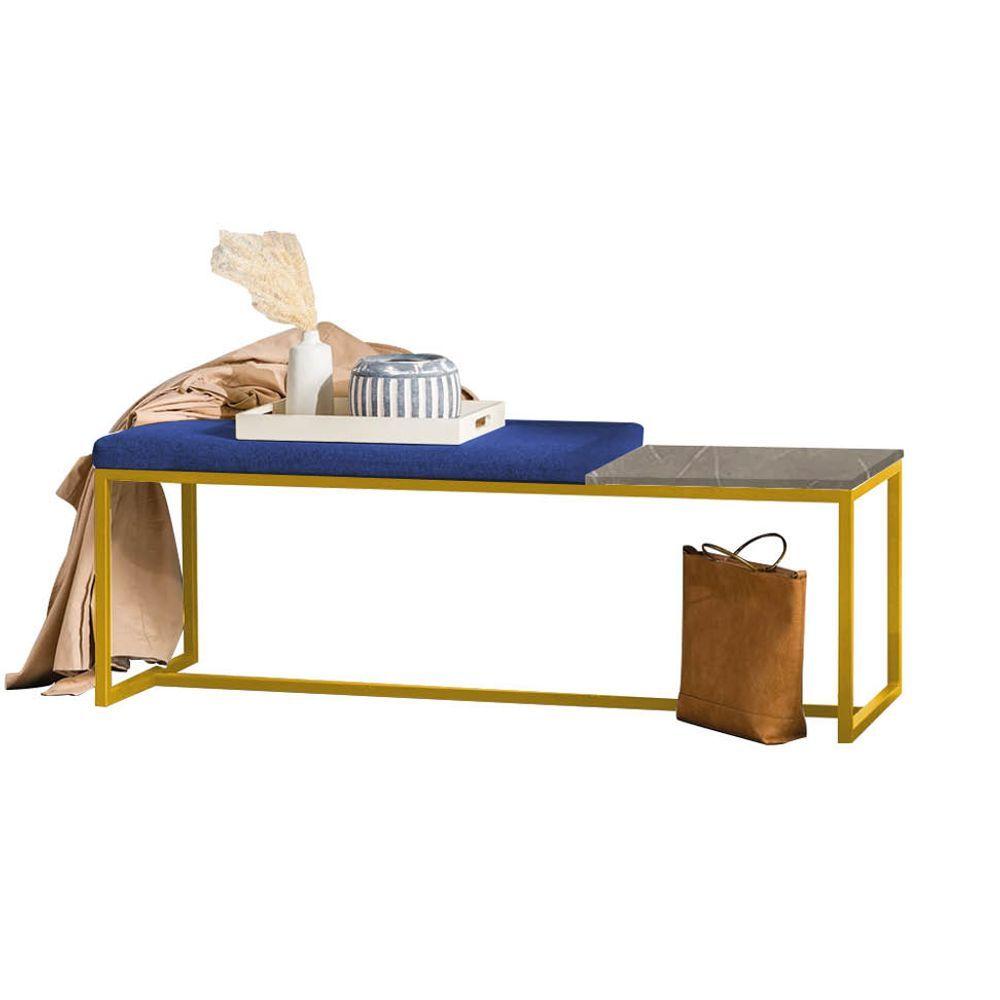 Miniatura Banco Recamier Puff 195cm Industrial Dourado Sintético Azul Marinho Tampo Quadrado Mdf Marmorizado