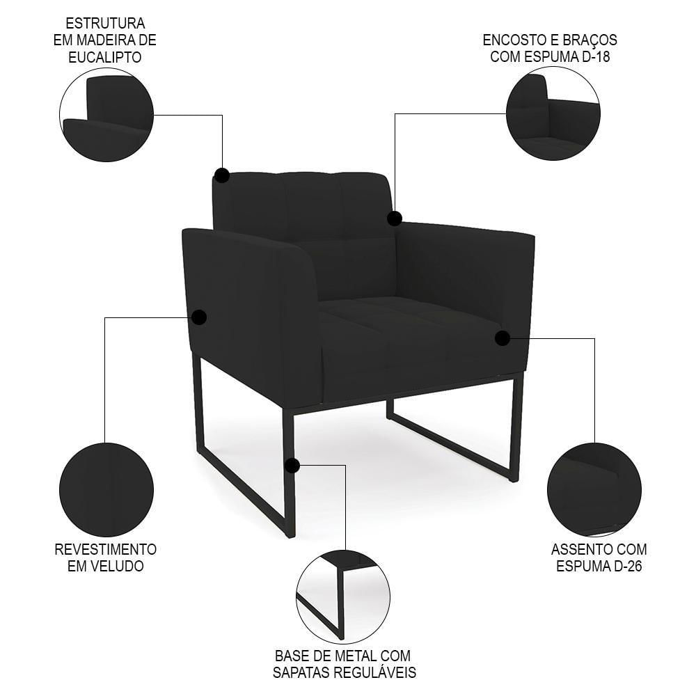 Miniatura Sofá Namoradeira E 2 Poltronas Base Industrial Preto Ana Veludo Preto - Ibiza