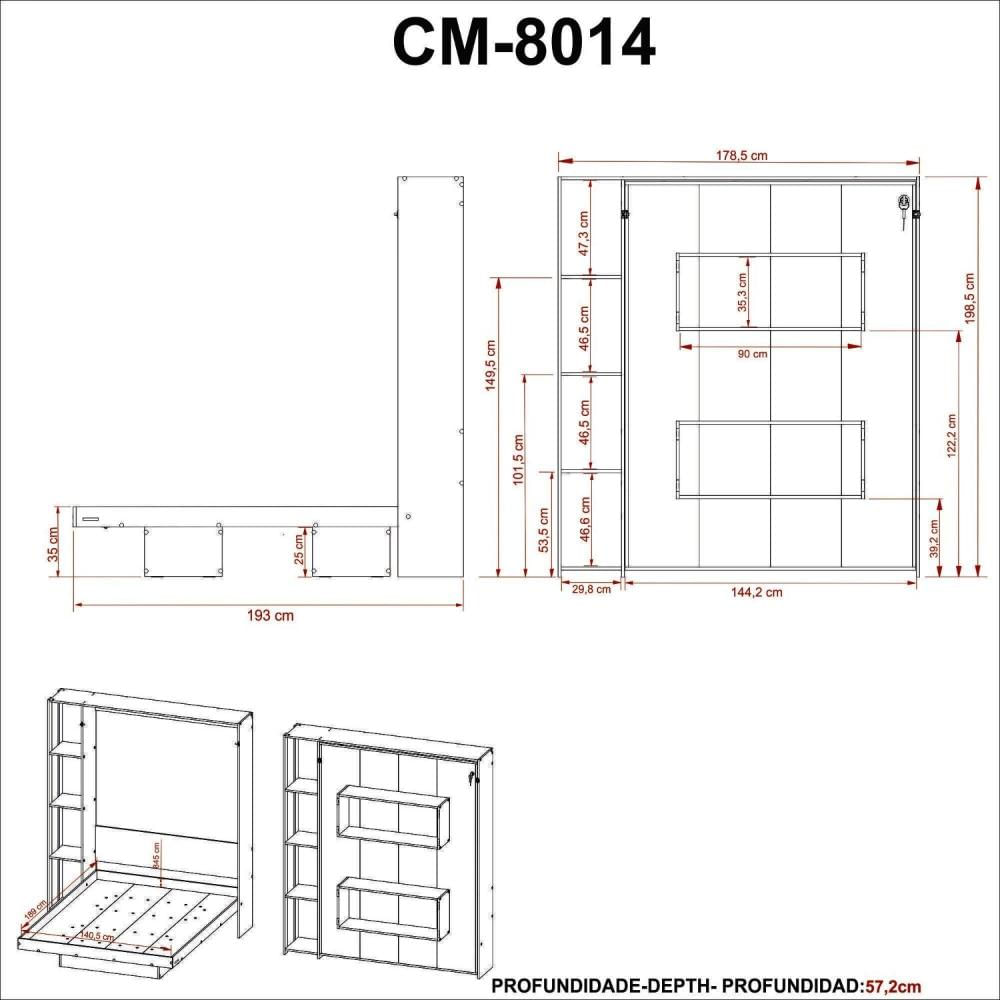 Cama Articulada de Casal 4 Prateleiras 2 Nichos 178,5x193cm CM8014 Tecnomobili Branco