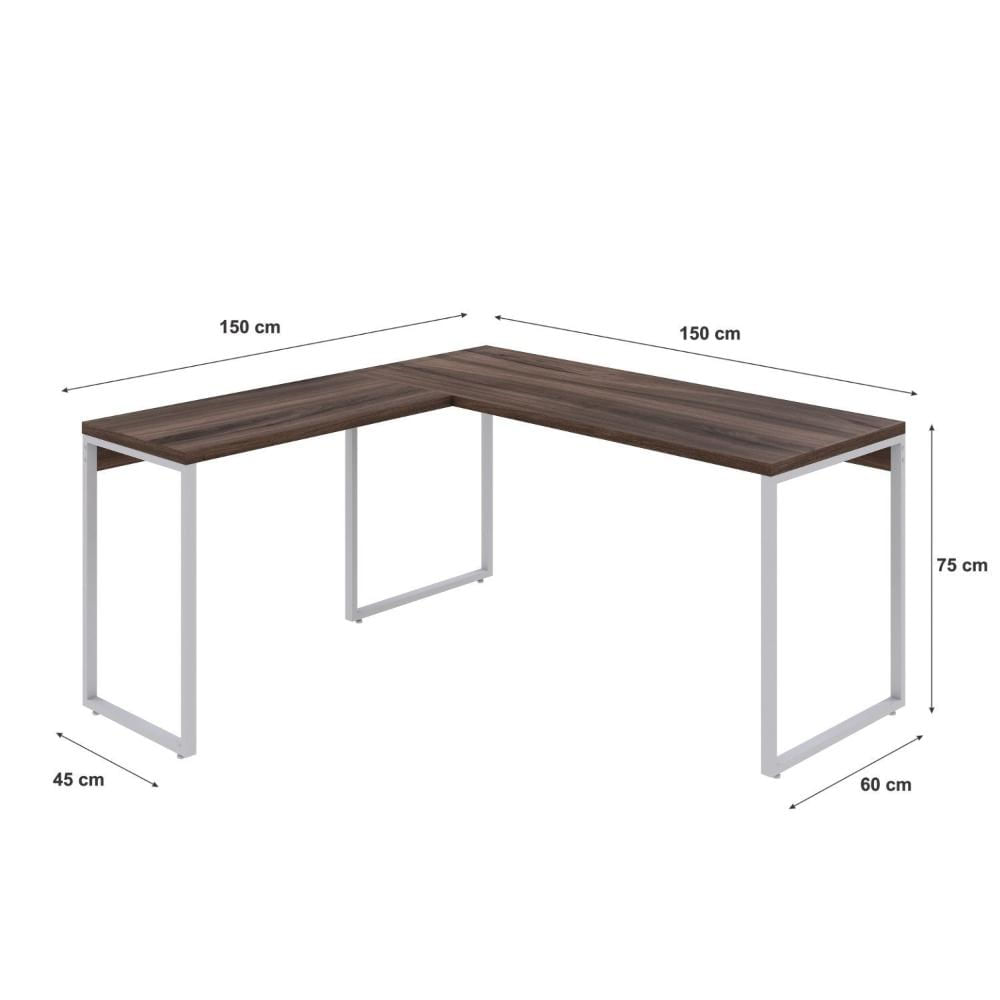 Miniatura Mesa de Escritório em L Estilo Industrial 150x150cm Kuadra Nogal / Est.Branca