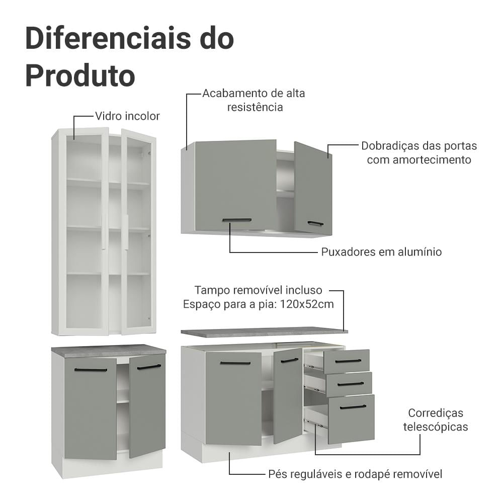 Armário de Cozinha Compacta 190cm com Cristaleira Branco/Cinza Agata Madesa 01 Branco/Cinza