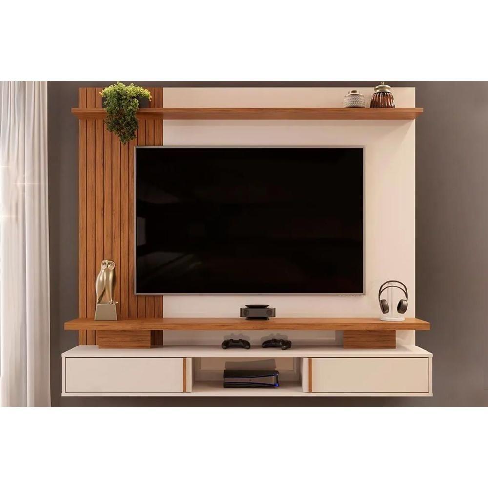 Miniatura Painel Home P-tv Até 65 Polegadas Leoni Ripado C- Prateleira E Nichos 180x162cm Off White-freijó Dj Móveis