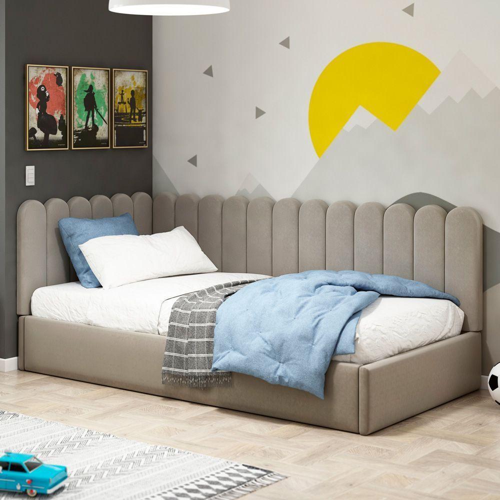 Painel Cabeceira Cama Box Solteiro Lana 100cm Suede Bege - Abmaza