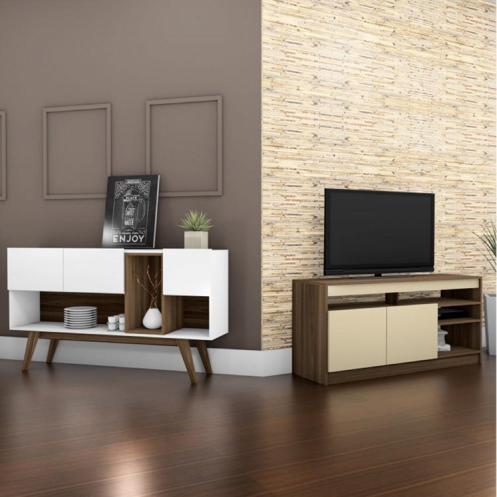 Miniatura Conjunto Rack para TV até 48 Polegadas 2 Portas e Aparador 3 Portas 1 Prateleira Malbec Estilare Branco Madeirado/Off White