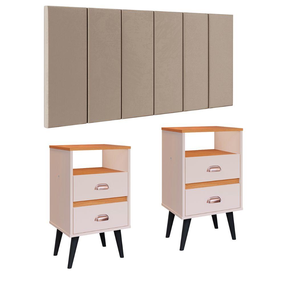 Miniatura Cabeceira Estofada Modular Box Casal 1,40 Julia Bege Jogo 2 Mesinha Pequena Gaveta Nicho Canto Lateral Cama Off White/Cinamomo Classic New-RPM