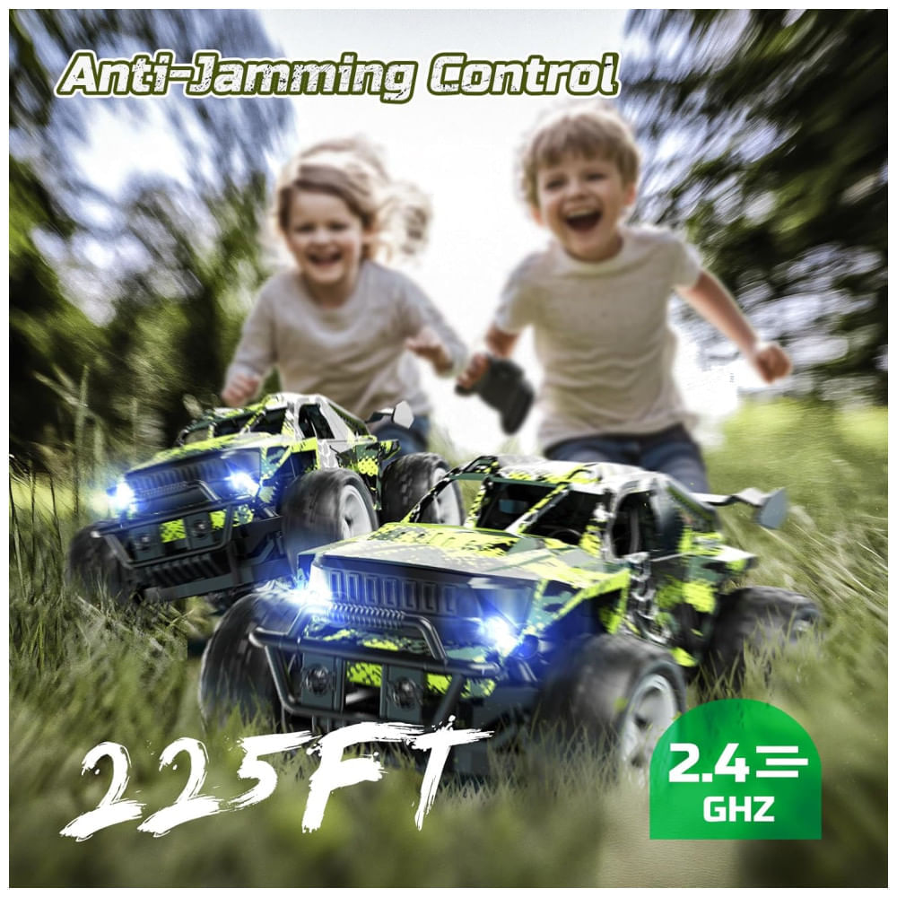 Mini Caminhão de Controle Remoto DEERC com Luzes de LED, Brinquedo Monster Truck 1:18 2.4Ghz para Meninos, 2 Baterias e Modo Turbo