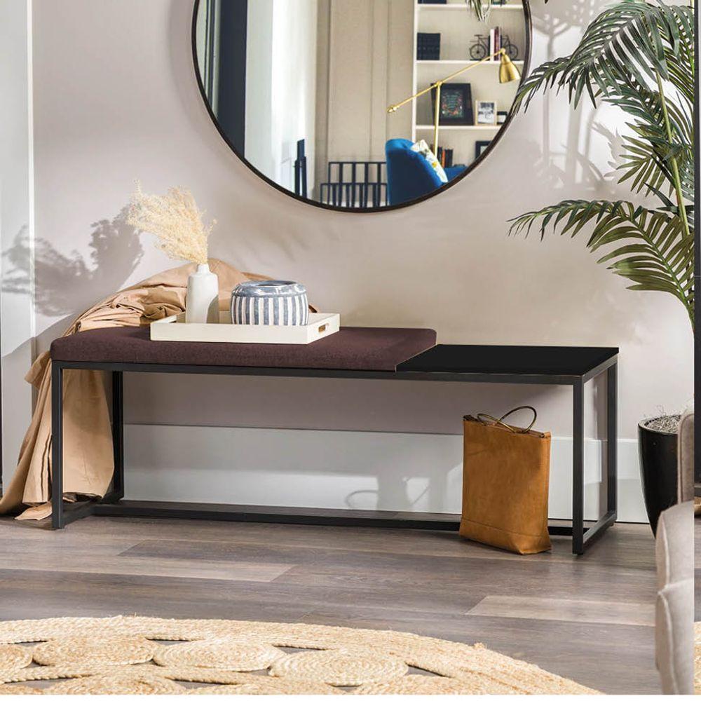 Miniatura Banco Recamier Puff 160cm Industrial Preto Sintético Marrom Tampo Quadrado Mdf Preto