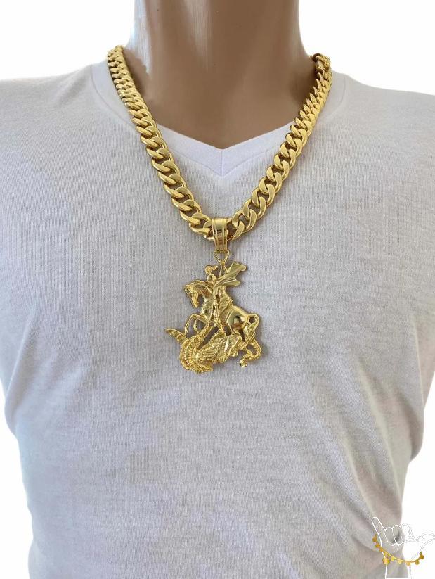 Miniatura Corrente Pitbull 13Mm + Pingente São Jorge - Banhado A Ouro