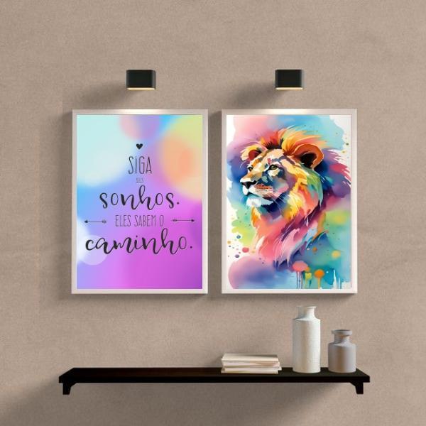 Miniatura Kit 2 Quadros Leão Aquarela 33x24cm - Vidro e Moldura Branca