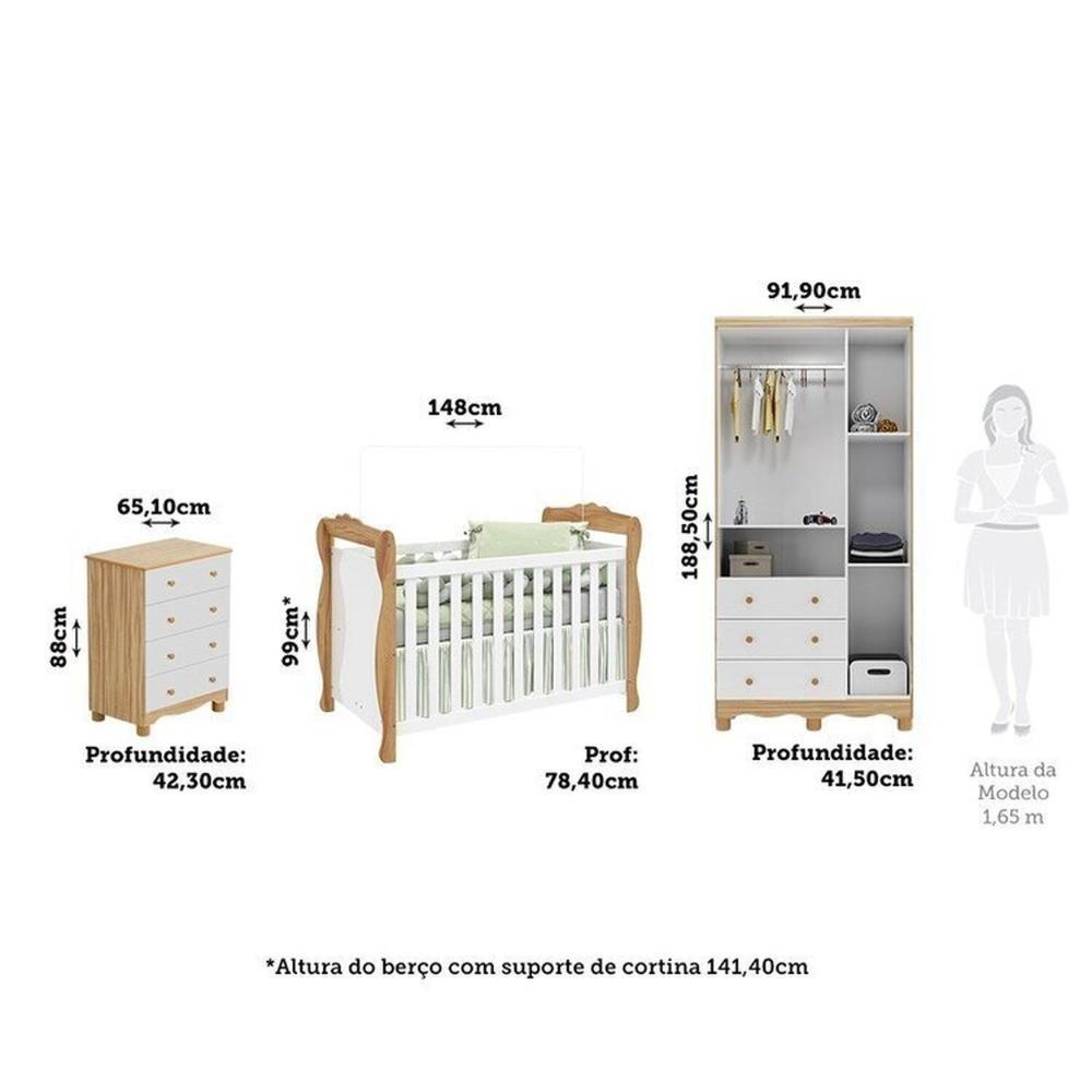 Miniatura Quarto de Bebê Completo com Guarda-roupa 3 Portas e Cômoda e Berço Nina 100% Mdf Espresso Móveis Branco Brilho/Amêndoa