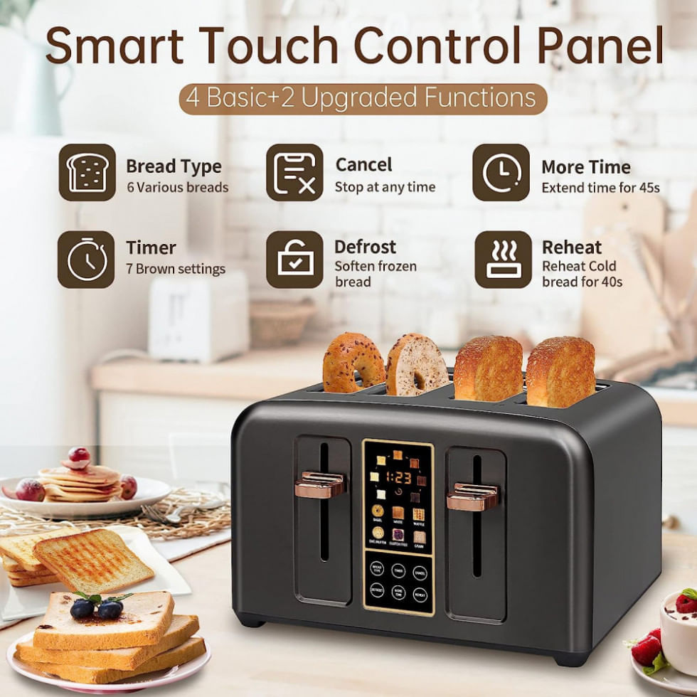 Miniatura Torradeira Elétrica 4 Fatias com 7 Níveis de Tostagem com Função Descongelar e Bandejas de Migalhas Removíveis, 110V 1800...