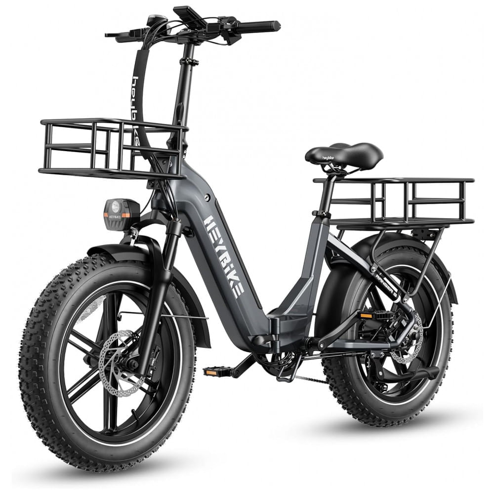 Miniatura Bicicleta Elétrica Heybike Ranger S para Adultos, Motor de 1400W, Pneu Gordo 20" x 4.0", Bateria Removível de 48V 14.4AH, Dobrável, Cinza com Cesta Di