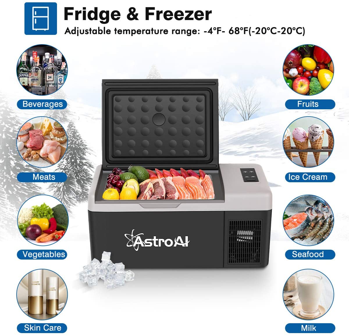 Mini Geladeira Freezer Automotiva AstroAI Portátil 12 24V DC e 100 240 V AC 15L Preto