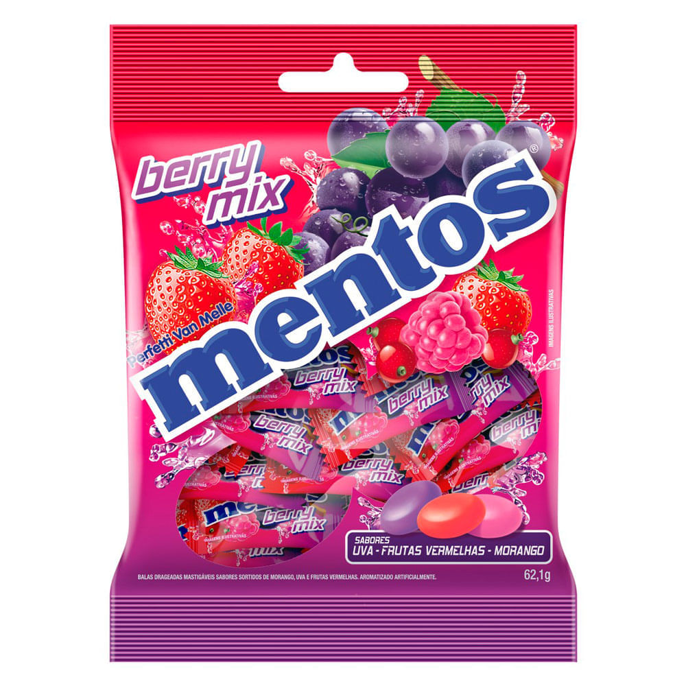 Miniatura Bala Mentos Berry Mix Sabor Sortido Morango, Uva e Frutas Vermelhas 62,1g