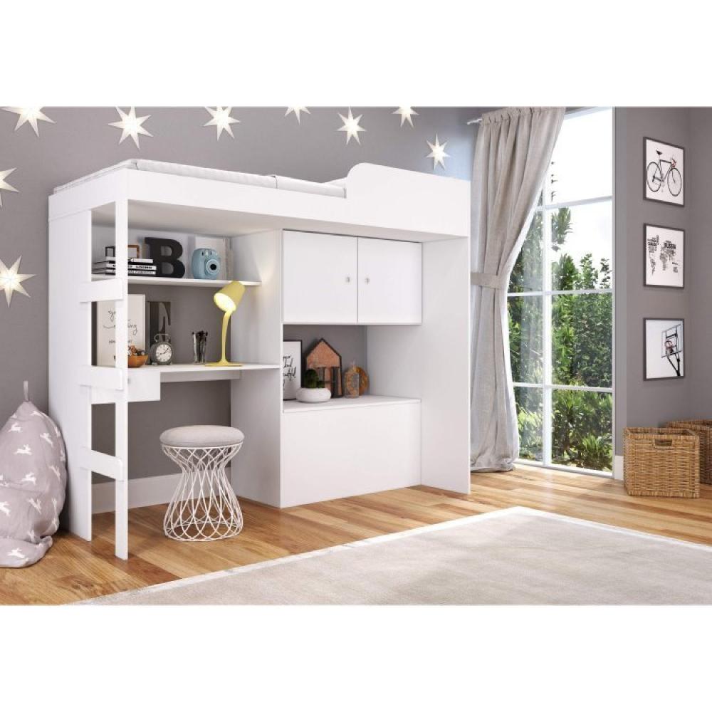 Miniatura Cama Solteiro Multifuncional com Baú e Escrivaninha Lion Art in Móveis Branco