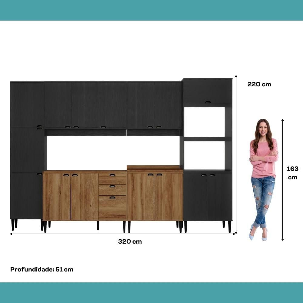 Armário De Cozinha Completa C/ Balcão Lótus Look Carraro Freijó Com Preto Touch