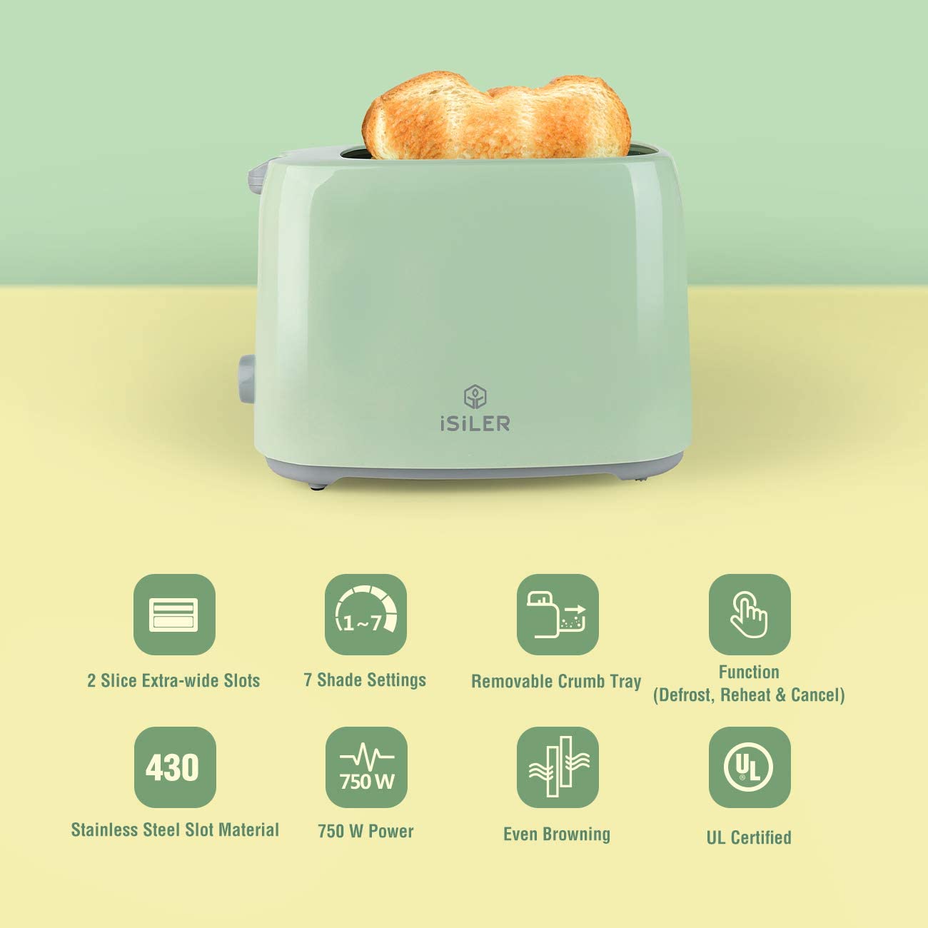 Miniatura iSiLER 2 Slice Toaster 13 Inches Wide Slot Toaster with 7 Shade Settings and Double Side Baking Compact Bread Toaster with Removable Crumb TrayDefrost Reheat Cancel Function Green
