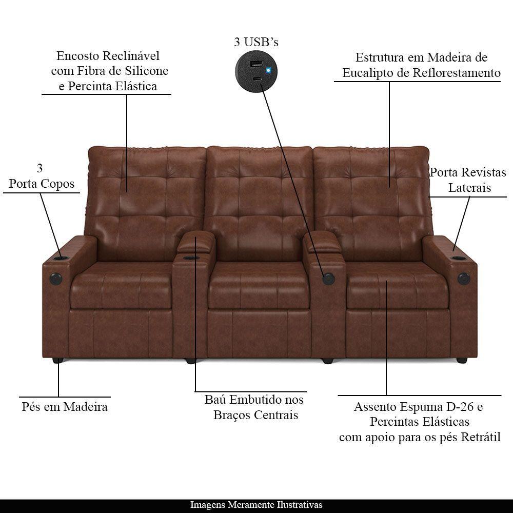 Poltrona Reclinável Para Cinema Parma 3 Lugares Baú Usb Pu Marrom Brilho Fh1 - D'rossi