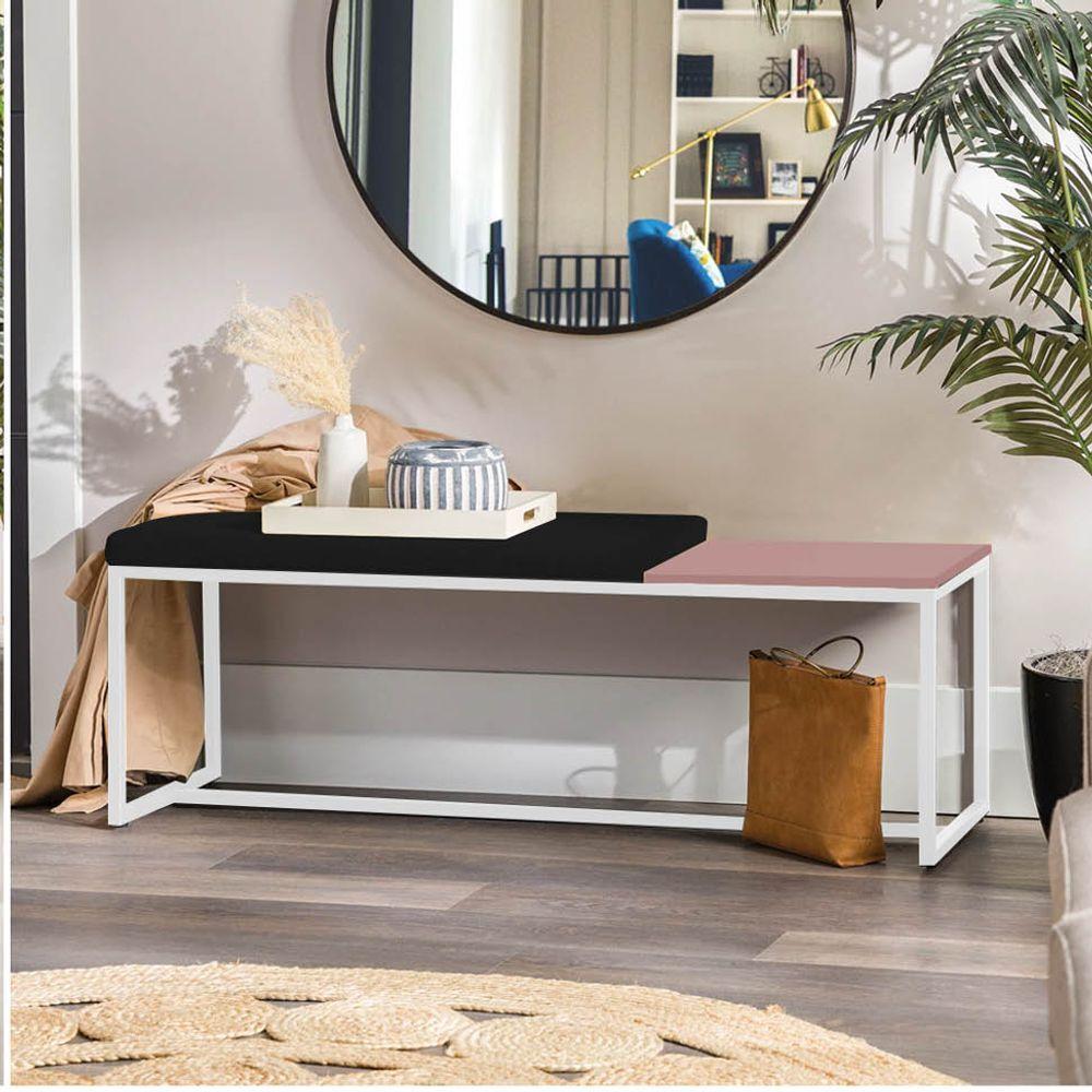 Miniatura Banco Recamier Puff 160cm Industrial Branco Sintético Preto Tampo Quadrado Mdf Rose