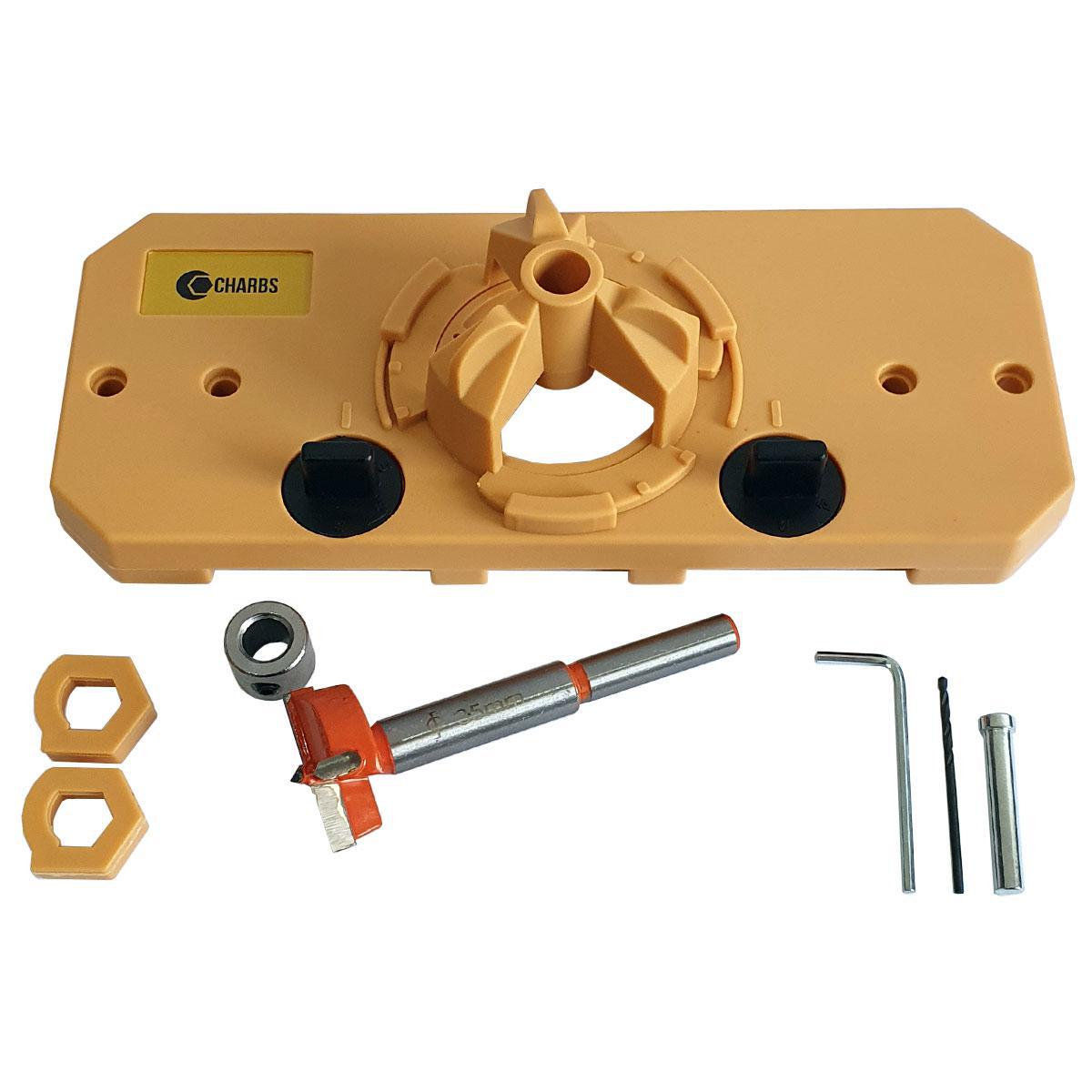 Miniatura Gabarito De Furação Para Dobradiça Khi Hinge Com Broca 35Mm 10 cm - Novo - 7906814092671 - Broca - Charbs, ITEM_CONDITION - Gabarito De Furação Para Dobr.