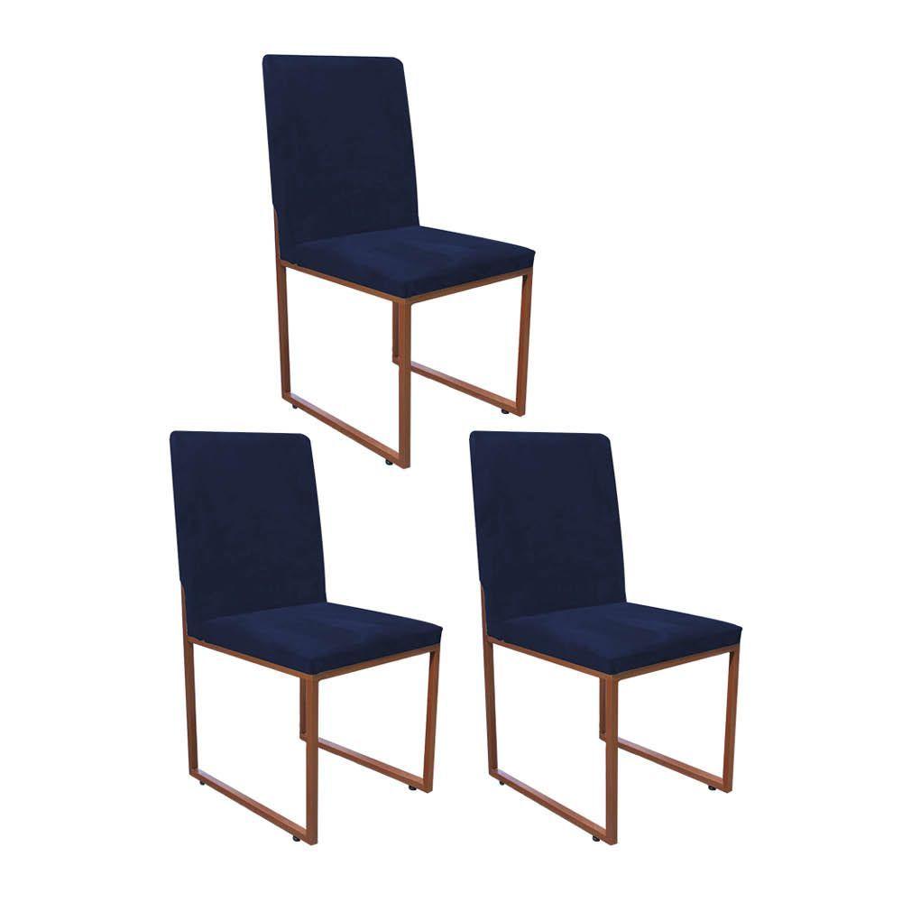 Miniatura Kit 03 Cadeira De Jantar Office Sttan Sala Ferro Bronze Suede Azul Marinho - Ahazzo Móveis