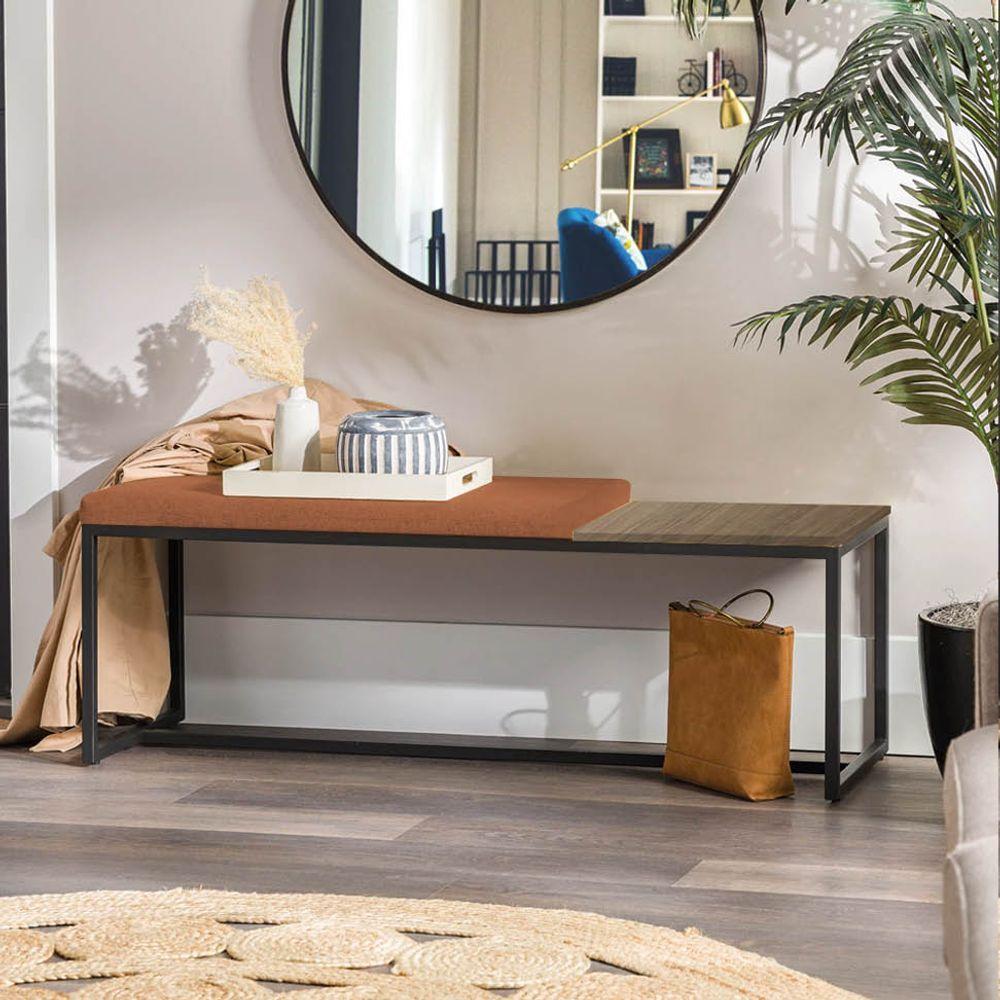 Miniatura Banco Recamier Puff 195cm Industrial Preto Suede Terracota Tampo Quadrado Mdf Caramelo