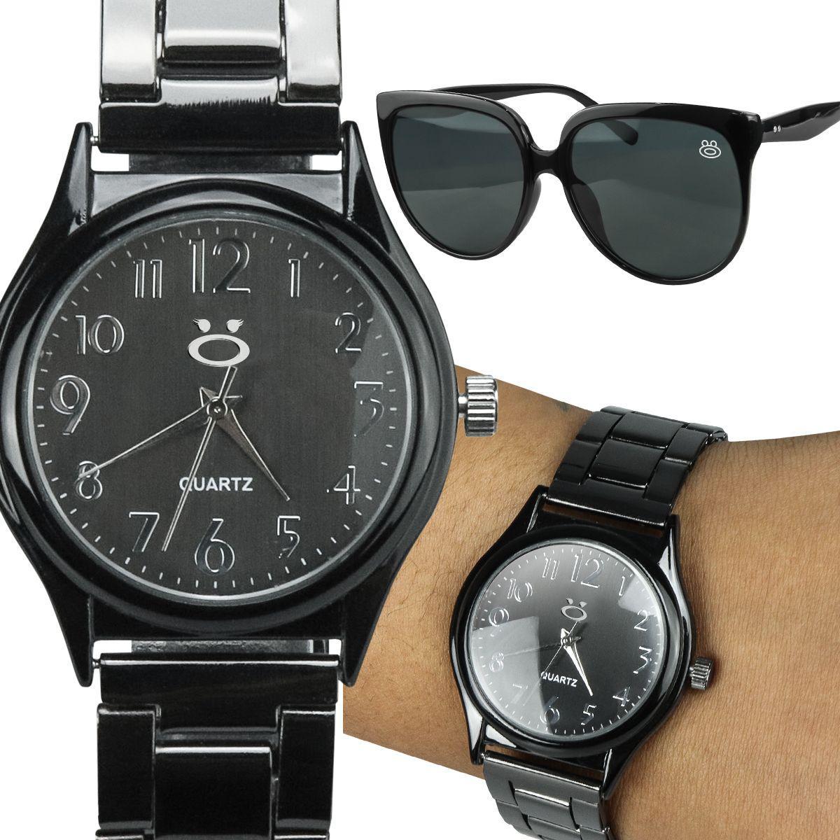 Miniatura Relogio Feminino Preto Aço Inox + Oculos Sol Proteção Uv