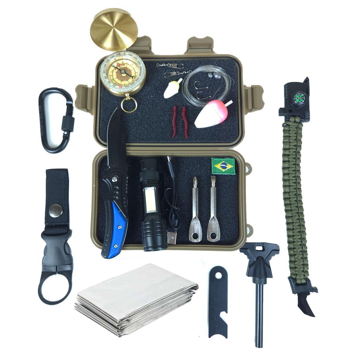 Miniatura Kit De Sobrevivência Emergência Trilha Pesca Camping Bússola