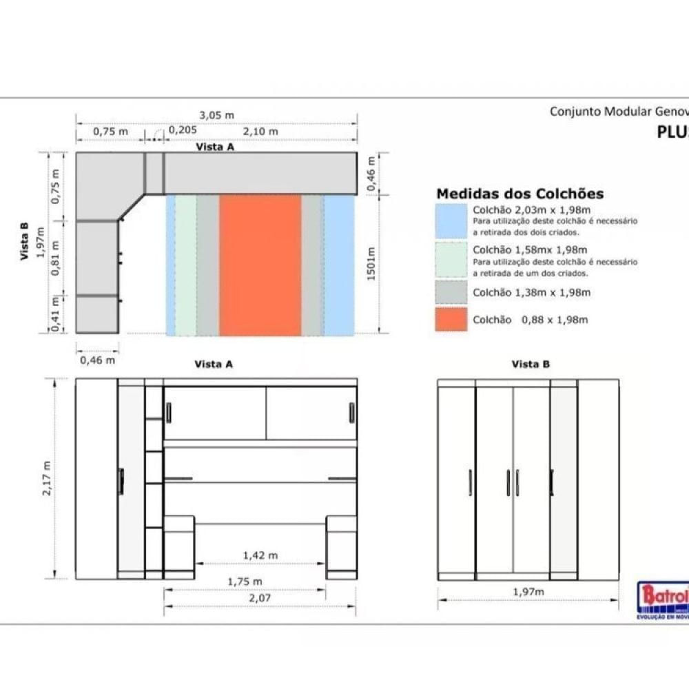 Conjunto para Quarto com Guarda Roupa Modular Gênova Plus Freijó Wood/Off-White