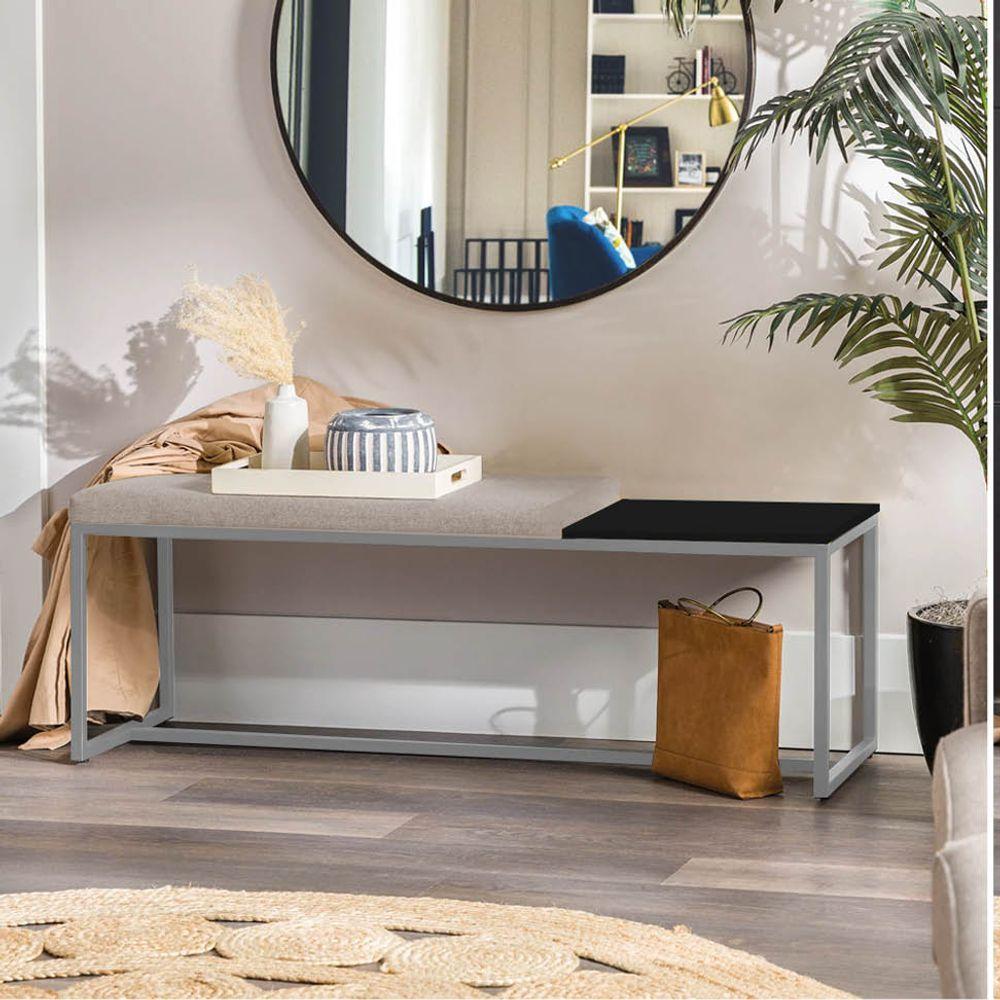 Miniatura Banco Recamier Puff 160cm Industrial Cinza Corino Bege Tampo Quadrado Mdf Preto