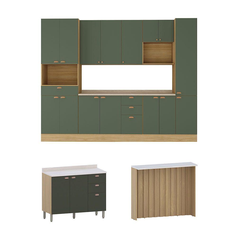 Miniatura Cozinha Modulada Completa Com Bancada Ilha 8 Peças Com Tampo Freijó/verde Amalfi