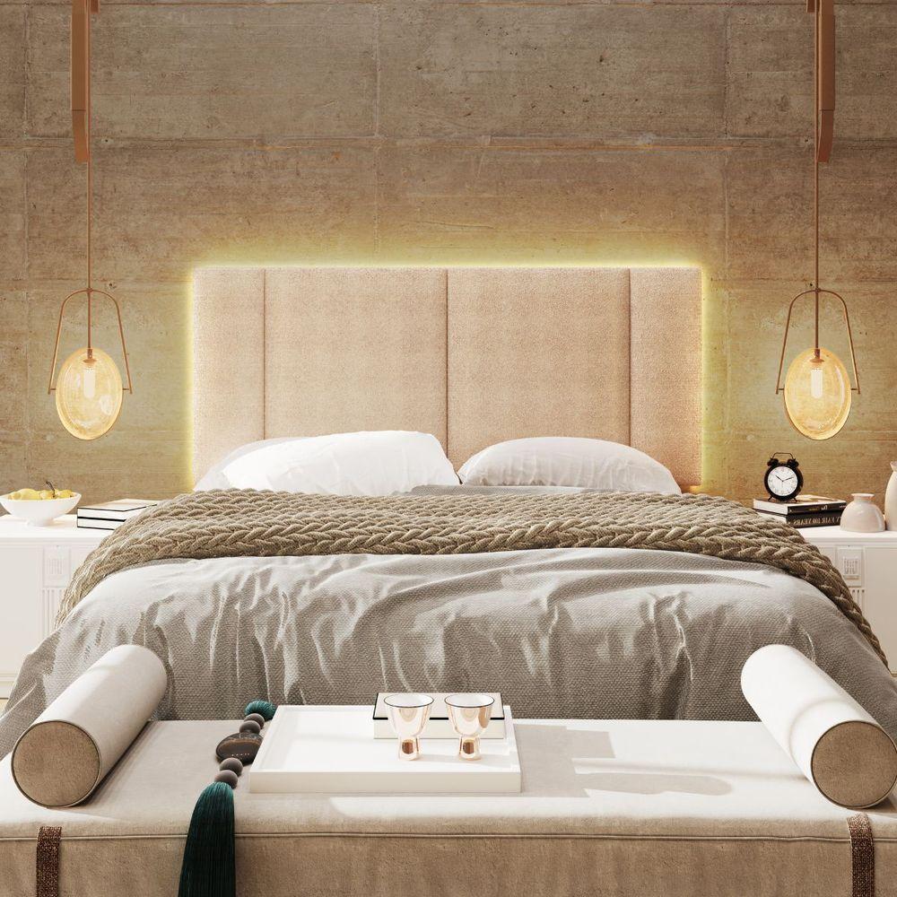 Miniatura Cabeceira Estofada Iluminação Led Stella Cama Casal 140 Cm Cor:veludo Bege