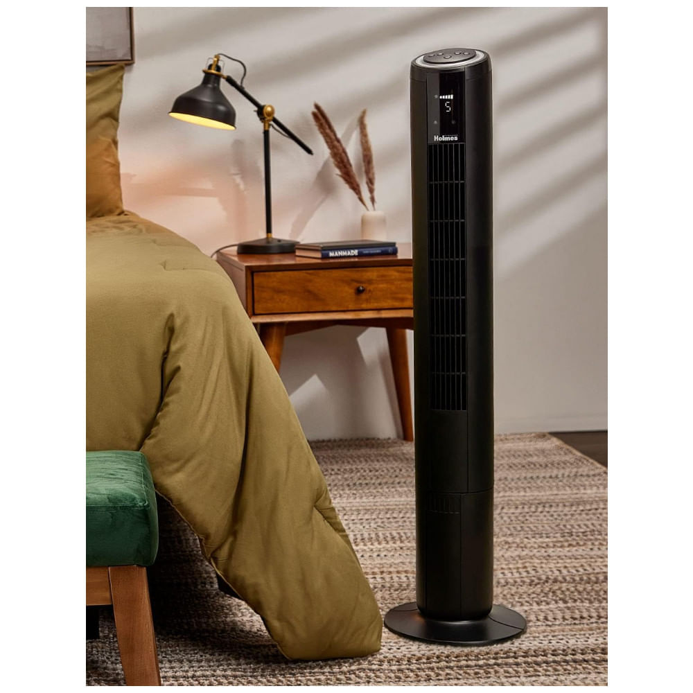 Miniatura Ventilador de Torre com 5 Velocidades, 4 Modos, Timer de 8H e Controle Remoto, 110V, HOLMES, Preto