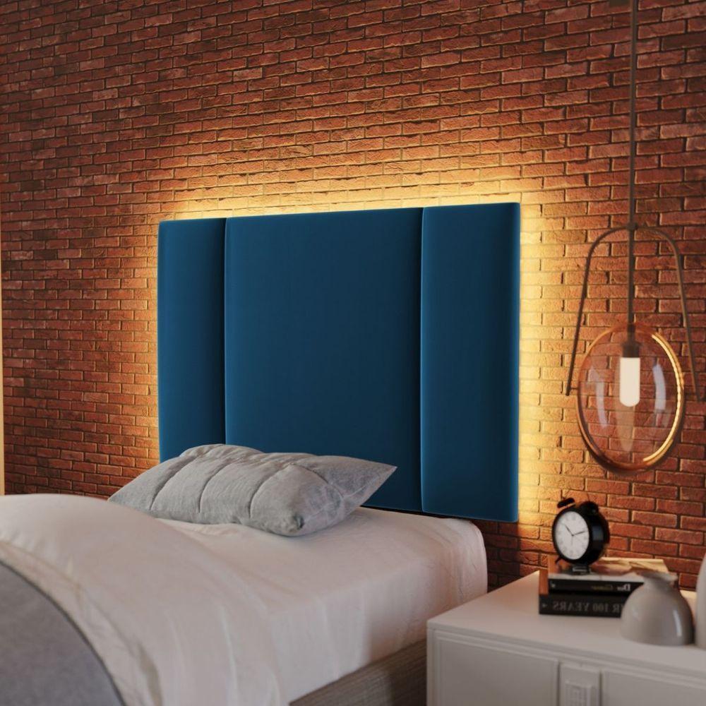 Cabeceira Estofada Iluminação Led Glow Cama Solteiro 90 Cm veludo Azul Marinho