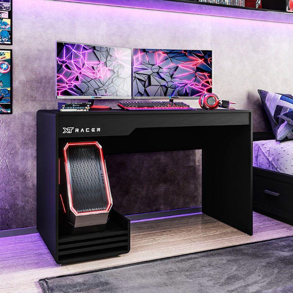 Mesa Gamer e Escritório Xt Racer Line Preto Politorno Preto com Branco
