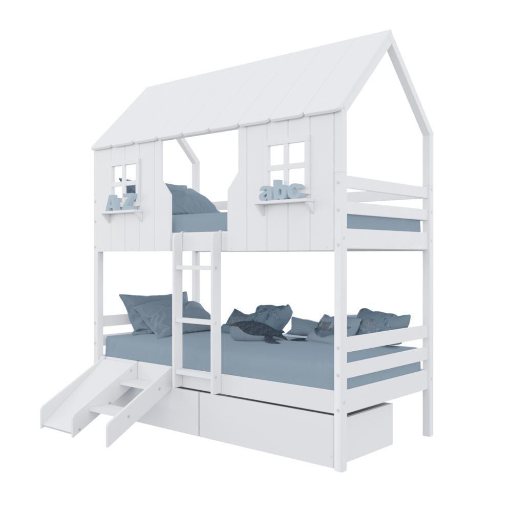 Miniatura Beliche Casinha Encantada Com 02 Gavetas Kit Escada/ Escorregador Madeira Maciça Branco Housin