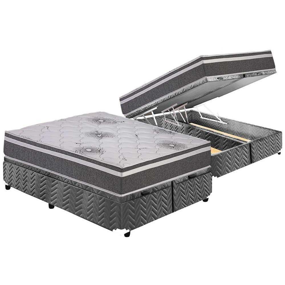 Miniatura Cama Box Baú Queen: Colchão Espuma D33 Polar Pérola Premium Euro Pillow + Base Gray(158X198)