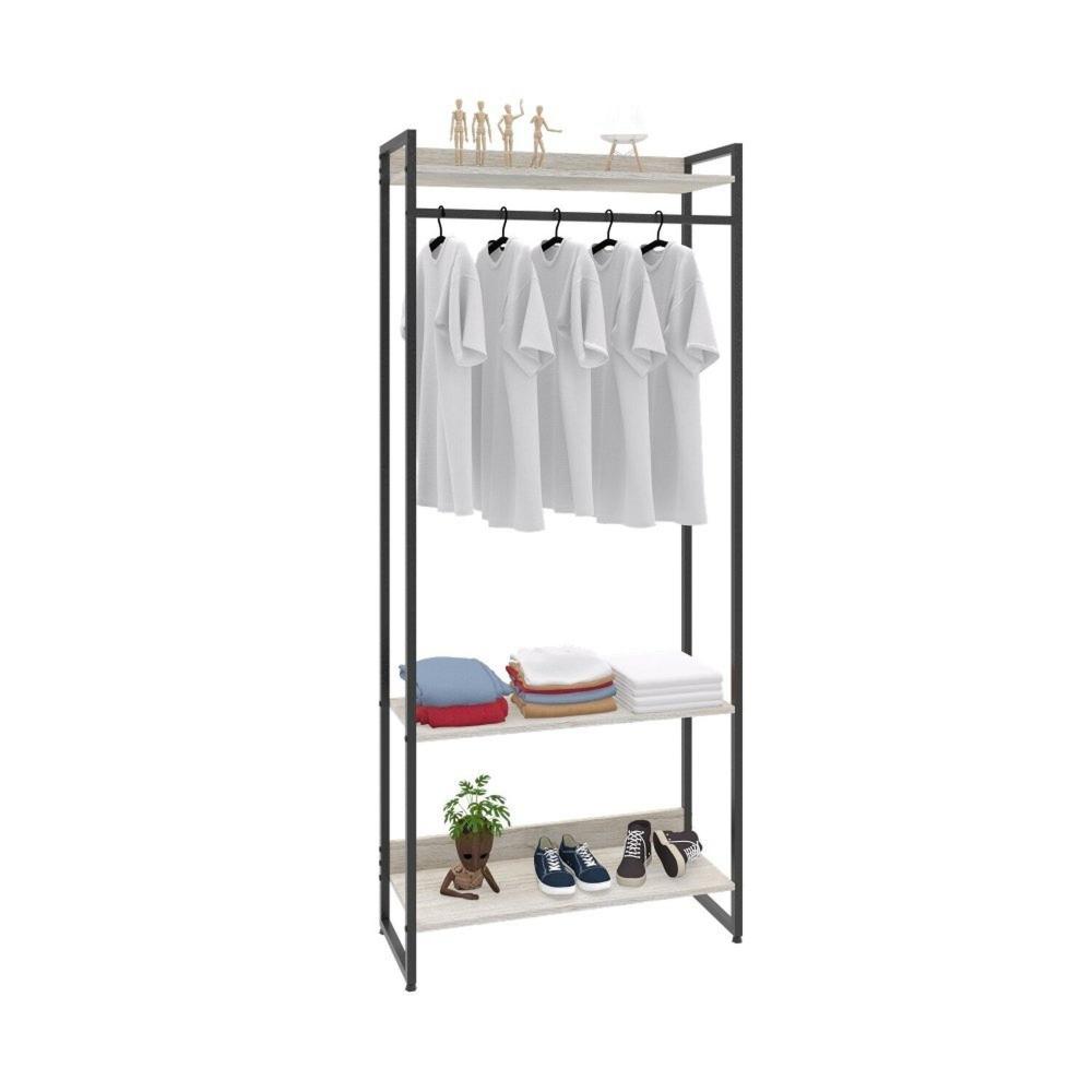 Miniatura Estante Closet Arara Industrial 3 Prateleiras 187x80cm Dynamica Yescasa Snow / Preto