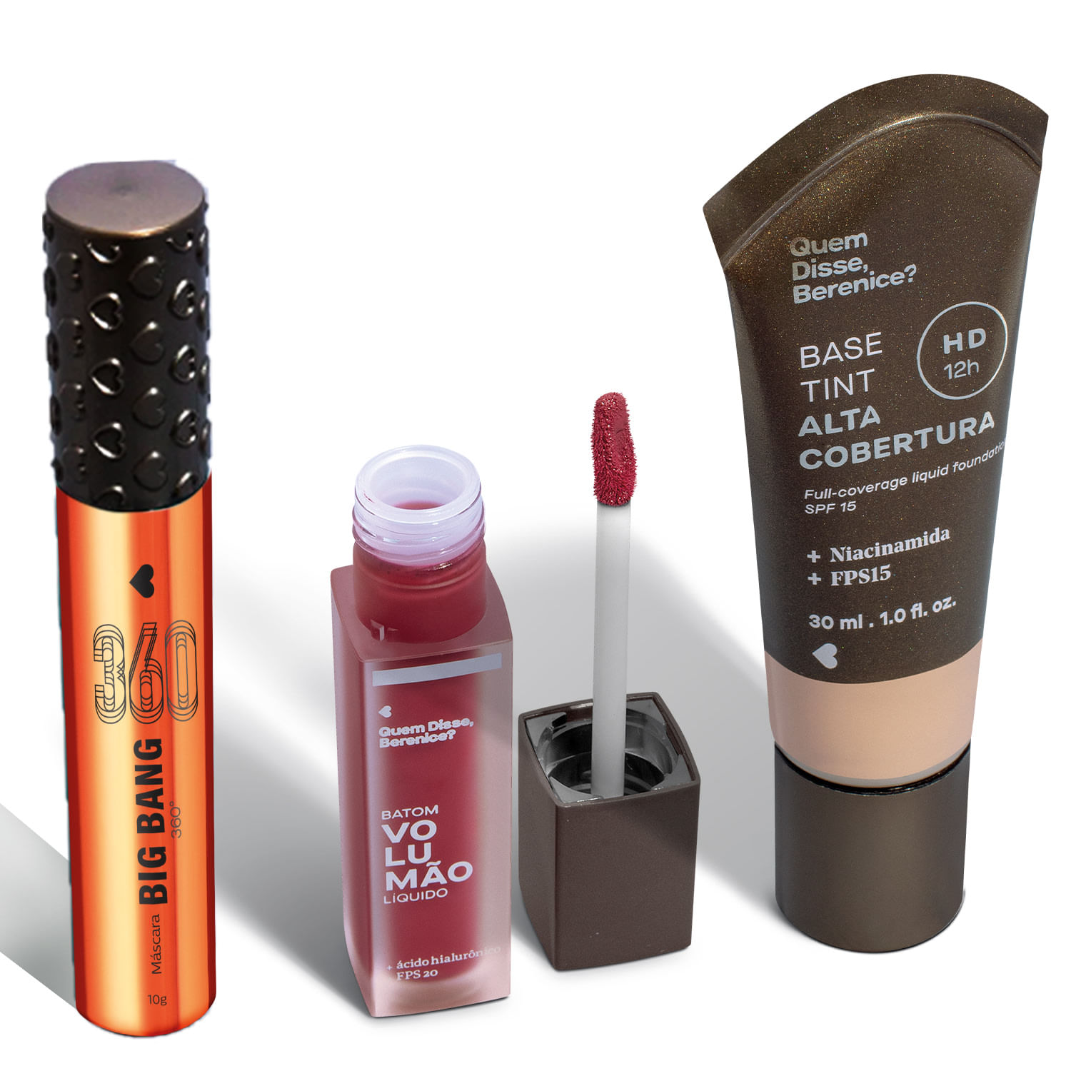 Miniatura Combo Base Tint Cor 03 Q 30ml + Máscara de Cílios 10g + Batom Líquido Morangoli 5,5ml
