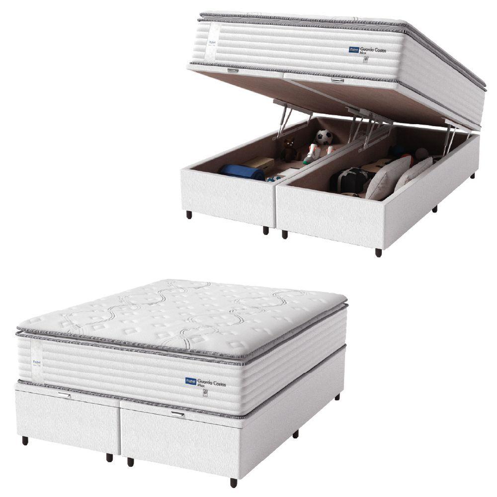 Miniatura Cama Box Baú Casal Queen Colchão Molas Guarda Costas Com Pillow 158x198x81cm Branco Cinza