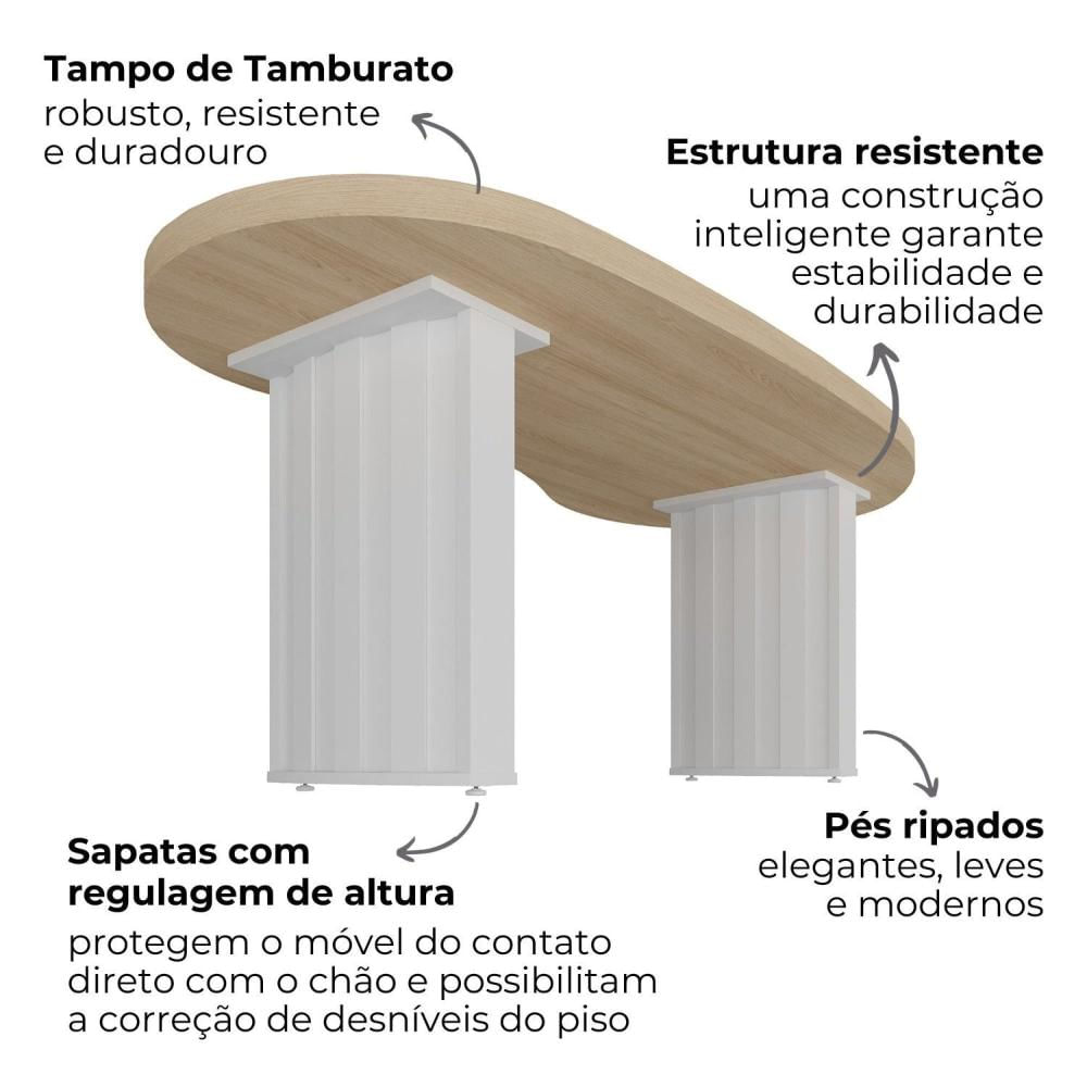 Miniatura Mesa Para Escritório 200cm Curvas Orgânicas Tampo Tamburato Diretor Artany Carvalho/Branco