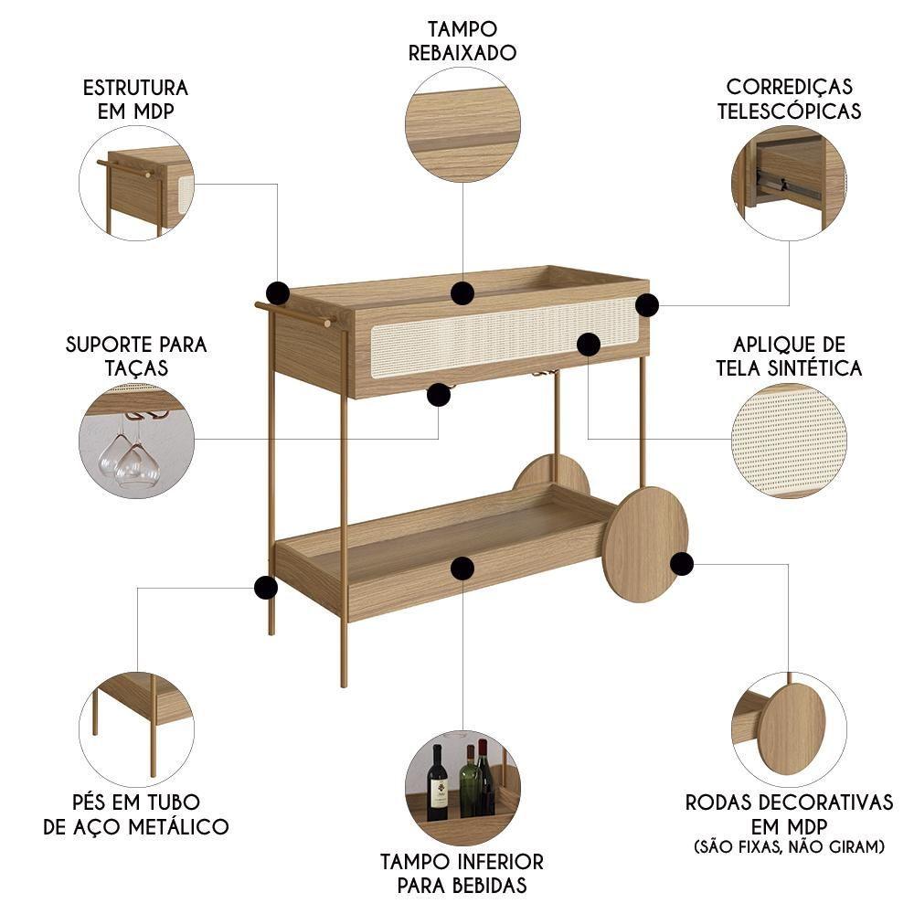 Miniatura Carrinho Bar 1 Gaveta Porta Taças Pé Metal Arlo A10 Hanover-dourado - Mpozenato