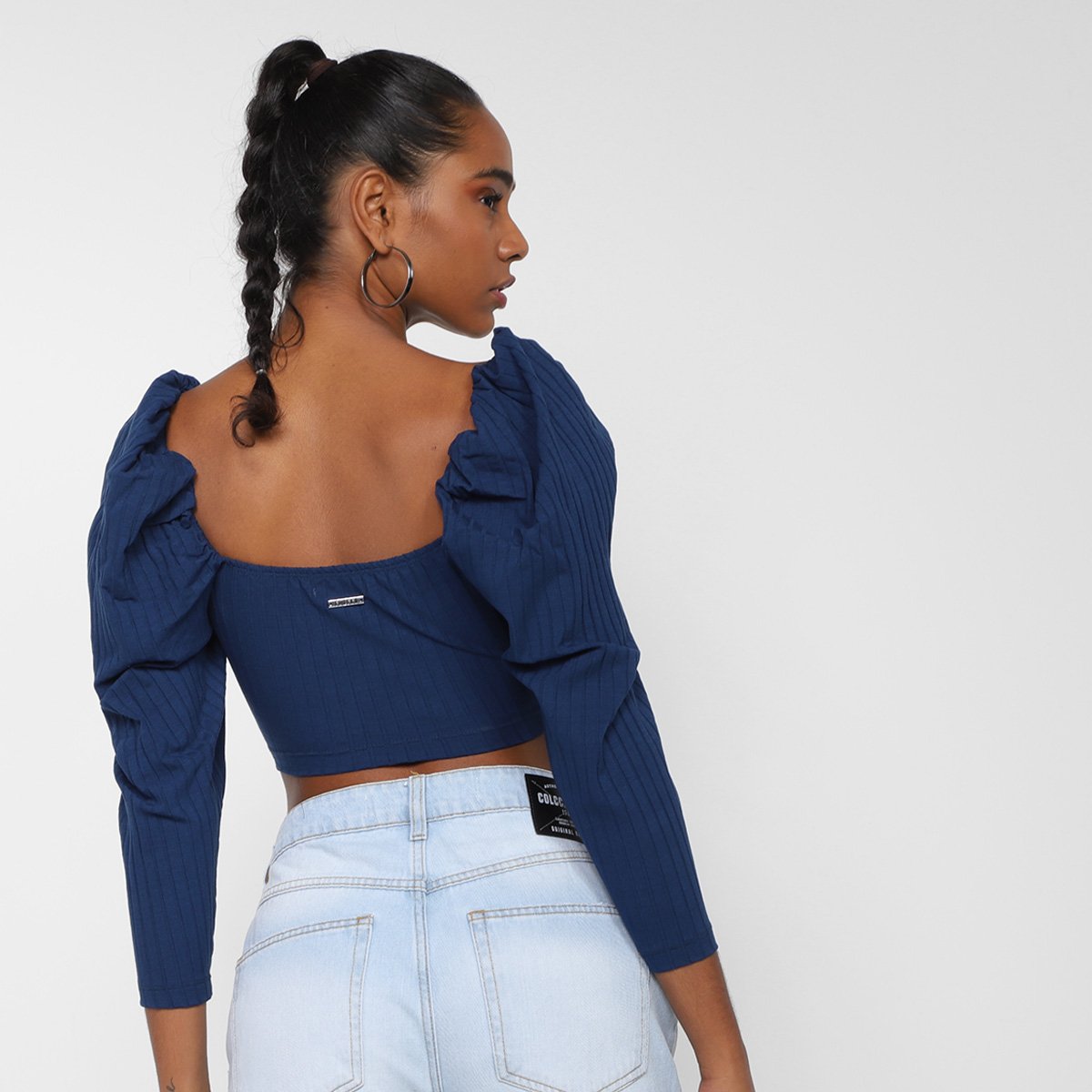 Miniatura Cropped Colcci Canelada Manga Longa Bufante Feminino Azul - G