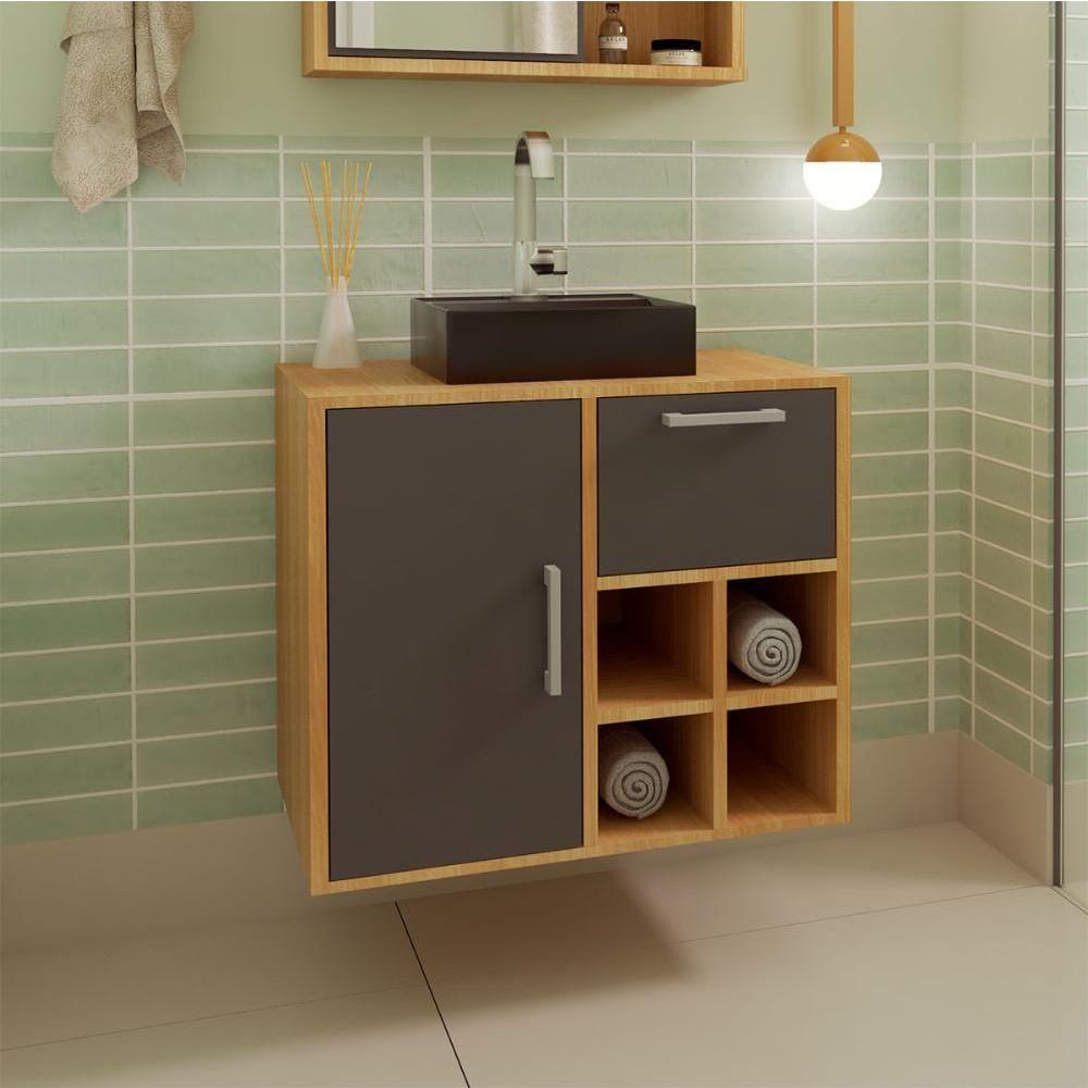 Miniatura Gabinete De Banheiro Suspenso 68cm Com Cuba Preta Inclusa Cor:mel Com Grafite Mel Com Grafite