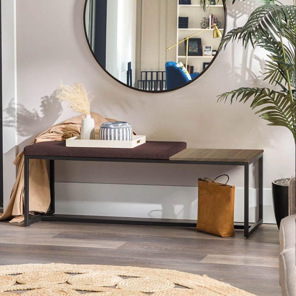 Miniatura Banco Recamier Puff 140cm Industrial Preto Suede Marrom Tampo Quadrado Mdf Madeira